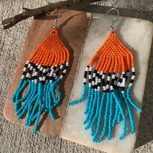 Orange, turquoise, black and white tassle earrings seed beads